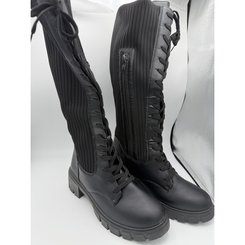 Wanted Black Lace-Up Combat Moto Knee Boots